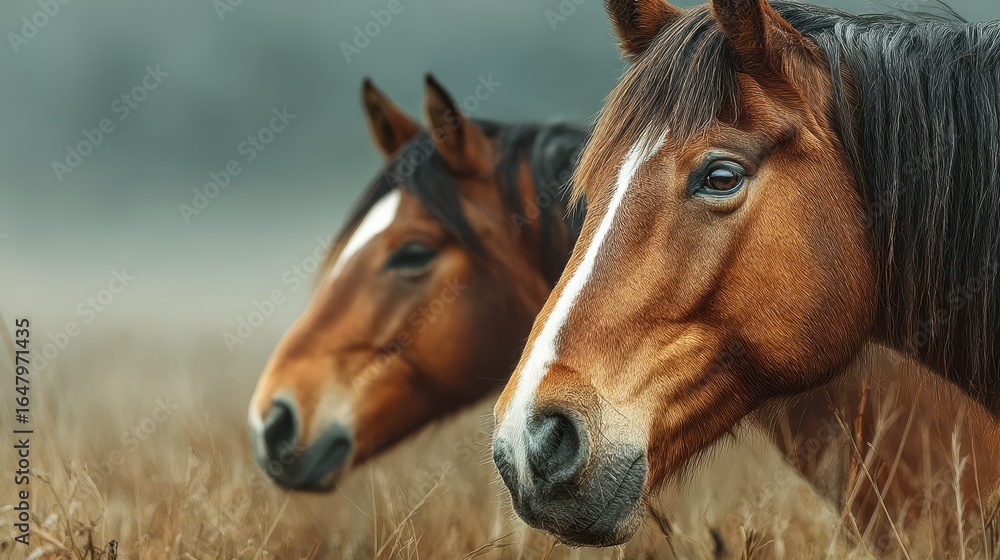 Fototapeta premium Two brown horses standing in a grassy field at dawn with a misty background in a serene rural setting