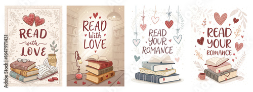Charming illustrations of books with a romantic theme, combining love and reading elements in warm tones.