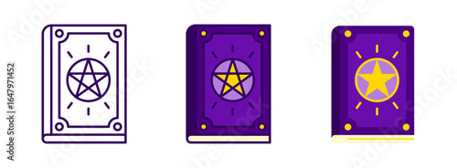 Enchanted purple spell book with yellow magic circle symbol, in outline, flat, and detailed styles for Halloween witchcraft.