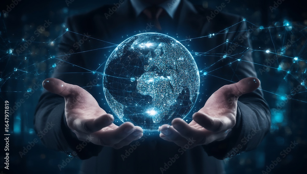 Global Business Leader with Hologram Earth: Technological Advancement, Worldwide Reach, Strategic Planning Global Business Leader with Hologram Earth: Technological Advancement, Worldwide Reach, Strategic Planning