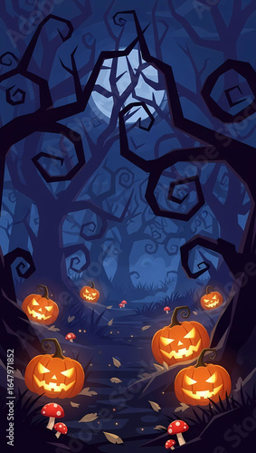 Spooky Halloween Night Scene With Carved Pumpkins And Dark Forest