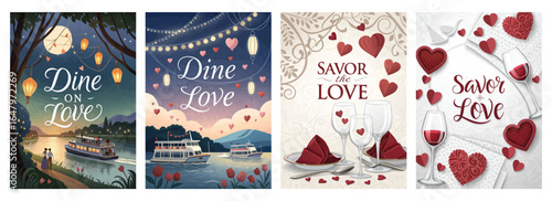 Four romantic illustrations featuring dining themes centered around love, perfect for Valentine's Day.