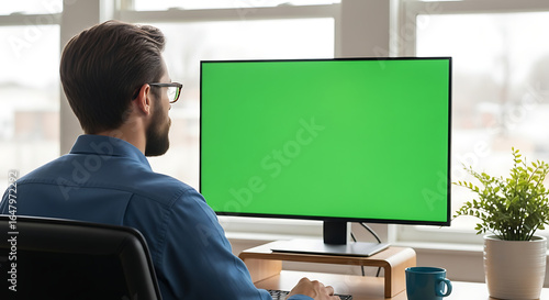 of man working at a computer with a green screen in a bright office space