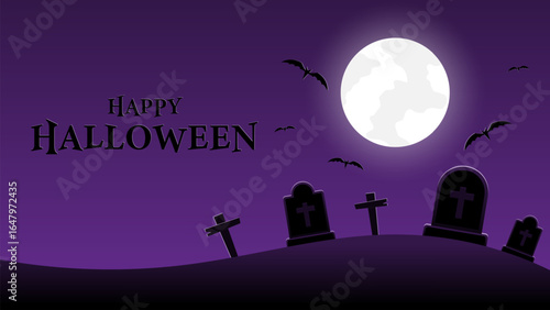 Happy Halloween, Halloween night, graveyard with cross on moonlight background, vector illustration