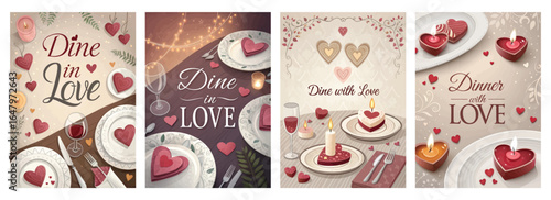 Four romantic table settings featuring heart motifs for a love-themed dining experience.
