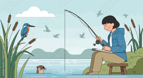 Capturing serene riverside moments illustration of artist fishing near nature