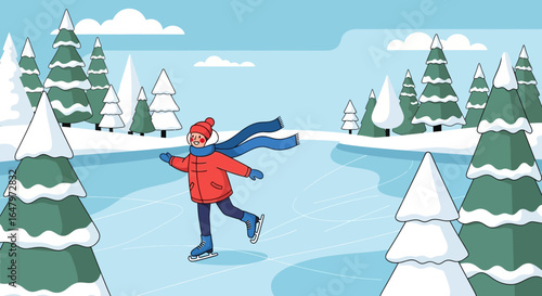 Whimsical winter ice skating scene with cheerful skater among snowy pines