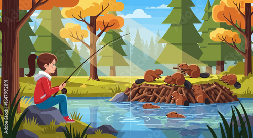 Animated scene showing a girl fishing near beavers habitat during autumn
