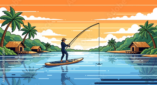Tranquil paddleboard fishing at dawn in a tropical paradise illustration