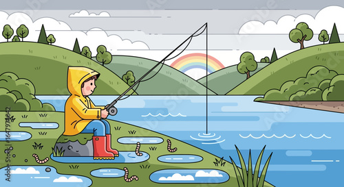 Young boy fishing in a serene landscape with a rainbow backdrop scene