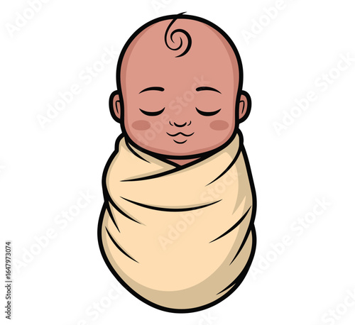 Adorable Sleeping Baby Vector Illustration - Peaceful Newborn Infant Wrapped in Yellow Blanket with Curly Hair