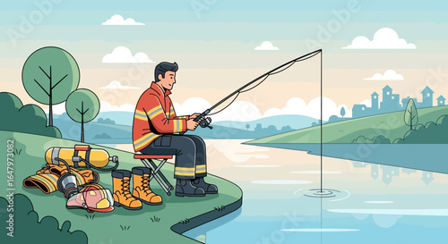 Firefighter enjoys a moment of tranquility fishing by the serene waterside