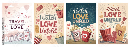 A collection of playful illustrations celebrating love and travel, featuring popcorn, hearts, and vibrant colors.