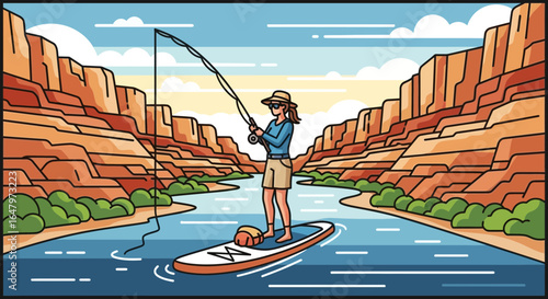 Adventurous Woman Fishing on Stand-Up Paddleboard in the Majestic Grand Canyon