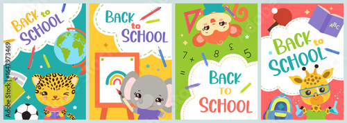 Back to school posters with cute cartoon animals. For banner, book cover, sale flyer or greeting card. Kawaii safari animal characters and school supplies. Hand drawn illustration vector flat design.