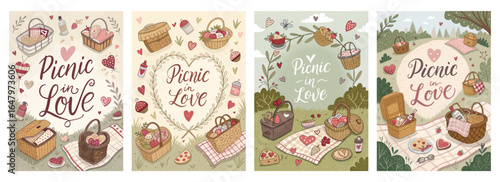 Charming illustrated picnic scenes celebrating love and togetherness with vibrant colors and whimsical details.