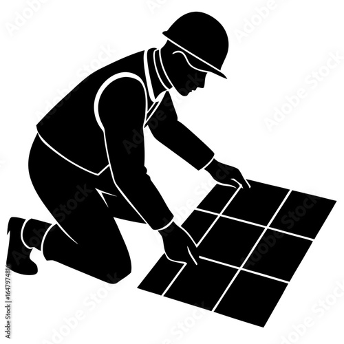 Worker installing solar panels construction silhouette vector illustration