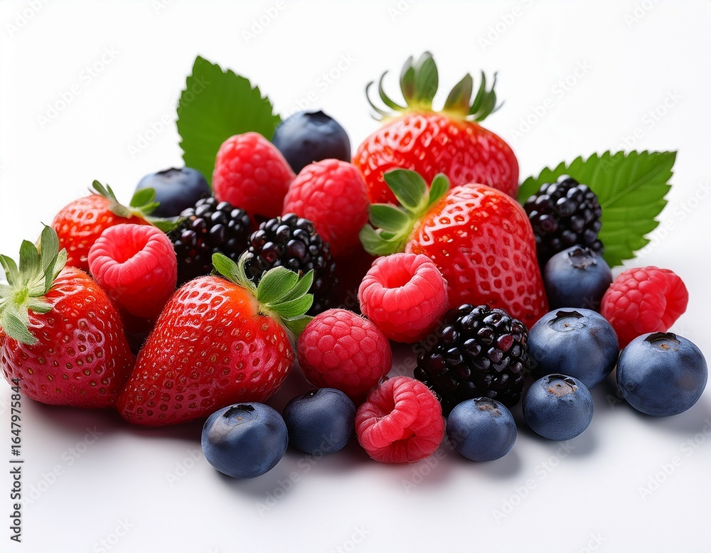 vibrant fresh assorted berries including strawberries blueberries raspberries and blackberries against a white background vibrant fresh assorted berries including strawberries blueberries raspberries and blackberries against a white background