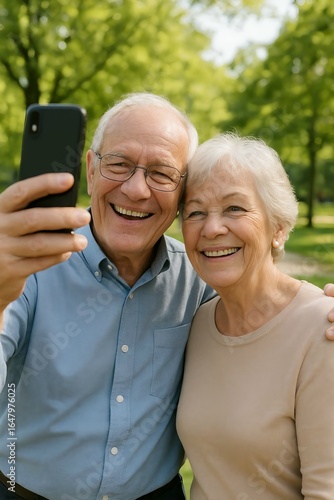 Happy senior couple taking a selfie in a sunny park setting