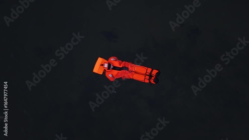 A Rescue Suit is Gracefully Floating on the Dark and Wavy Water of the Oceans Surface