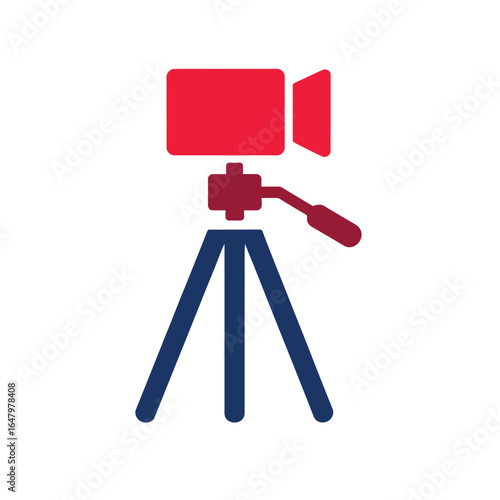 Red camera on blue tripod video recording