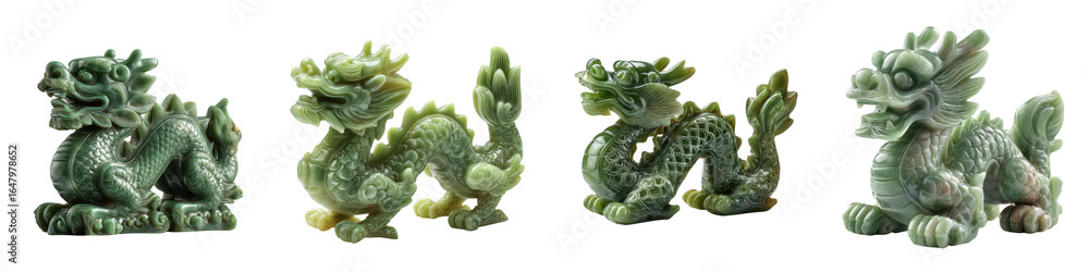 Fototapeta premium Jade dragon figurine carved with polished texture green shades, showcasing traditional mythical creature design with detailed scales and features