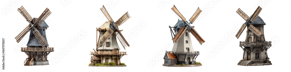 Obraz premium Miniature windmill models with detailed wooden blades and stone bases, showcasing rustic and vintage architectural styles