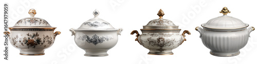 Porcelain soup tureen set with elegant floral and ornamental patterns, gold accents, and decorative handles, perfect for premium dining