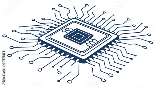 Isometric Microchip Illustration with Circuit Board Design for Technology and Innovation Concepts in Dark Blue Color