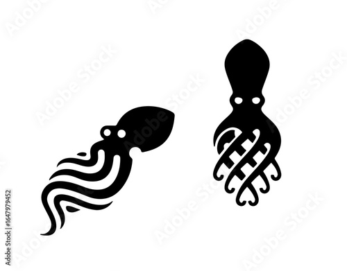 Two stylized black octopus icons with tentacles flowing, perfect for ocean themes and nautical designs.