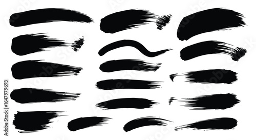Vector art of collection of black ink brush strokes creating a variety of textures and shapes for artistic design elements