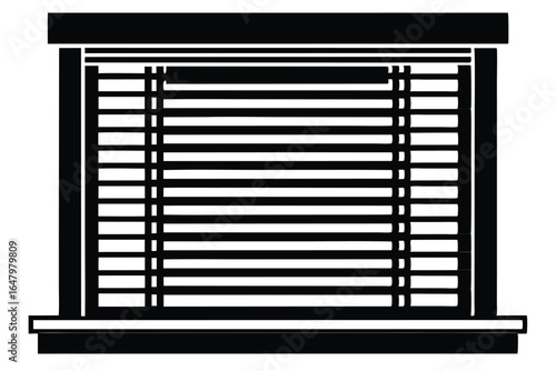 Black and White Illustration of a Window with Horizontal Blinds Closed for Privacy