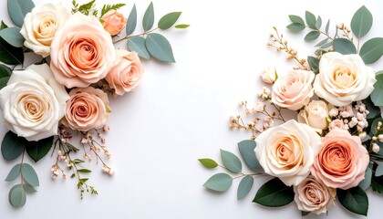 Peach roses with eucalyptus frame, and white.
