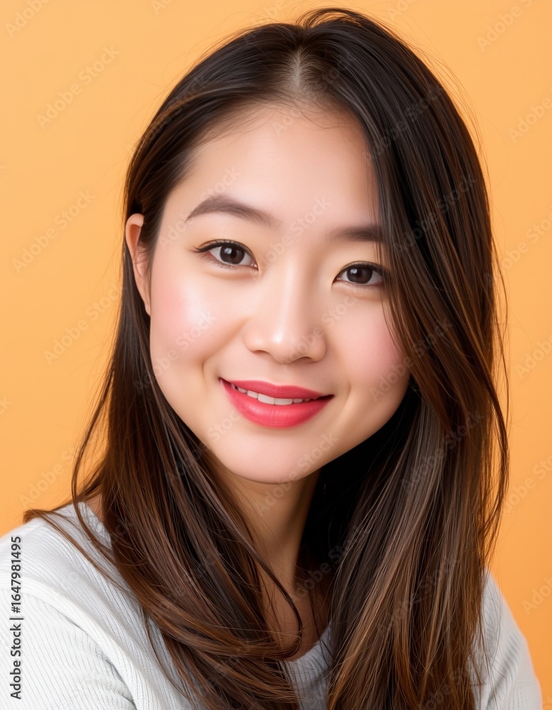Portrait of a young asian woman with long brown hair smiling against orange background Portrait of a young asian woman with long brown hair smiling against orange background
