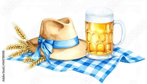 watercolor beer mug, hat, wheat on blue checkered cloth clip art preview