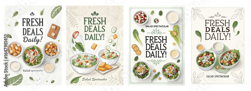 A collection of vibrant salad promotional posters featuring fresh ingredients and colorful dishes.