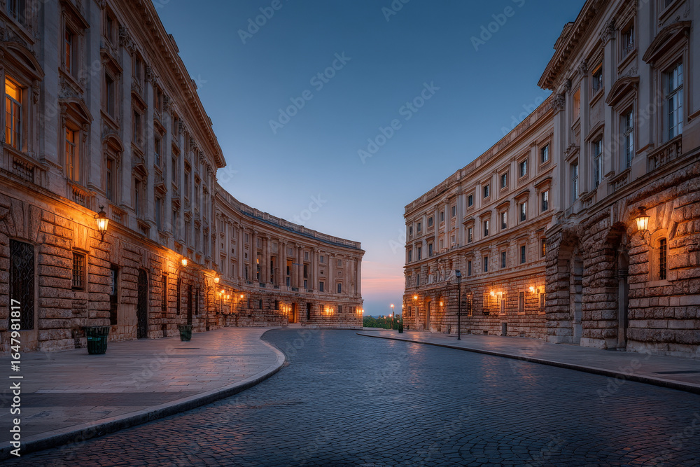 Fototapeta premium serene ultrabright view of europe capital at dawn showcasing its historic buildings in silent splendor