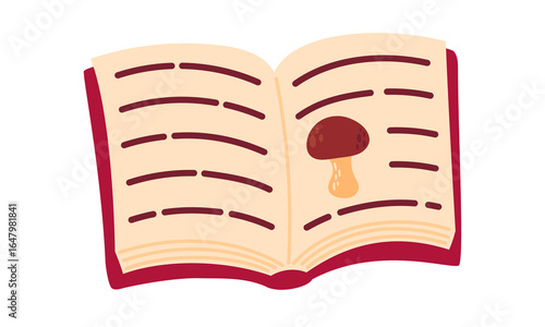 Open book with Mushroom icon. Autumn cozy design element. Flat Vector illustration isolated on white background 