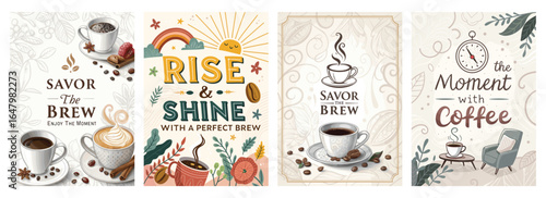 A collection of four artistic coffee illustrations celebrating moments with coffee in a vibrant, cozy setting.