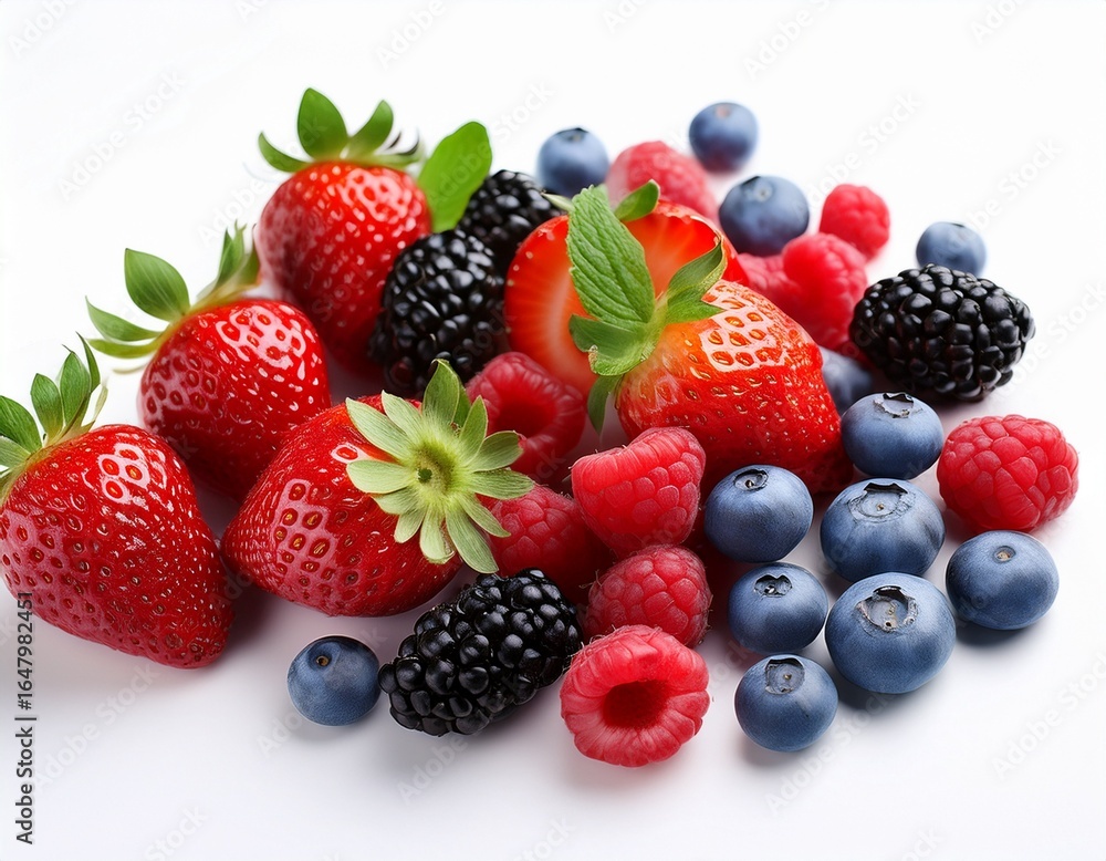 Obraz premium assorted fresh berries including strawberries blueberries raspberries and blackberries on a white background
