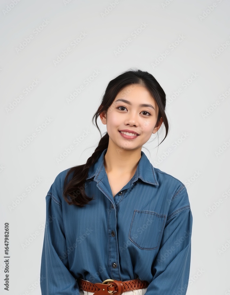 Fototapeta premium Portrait of a smiling asian woman in a blue denim shirt against a white background
