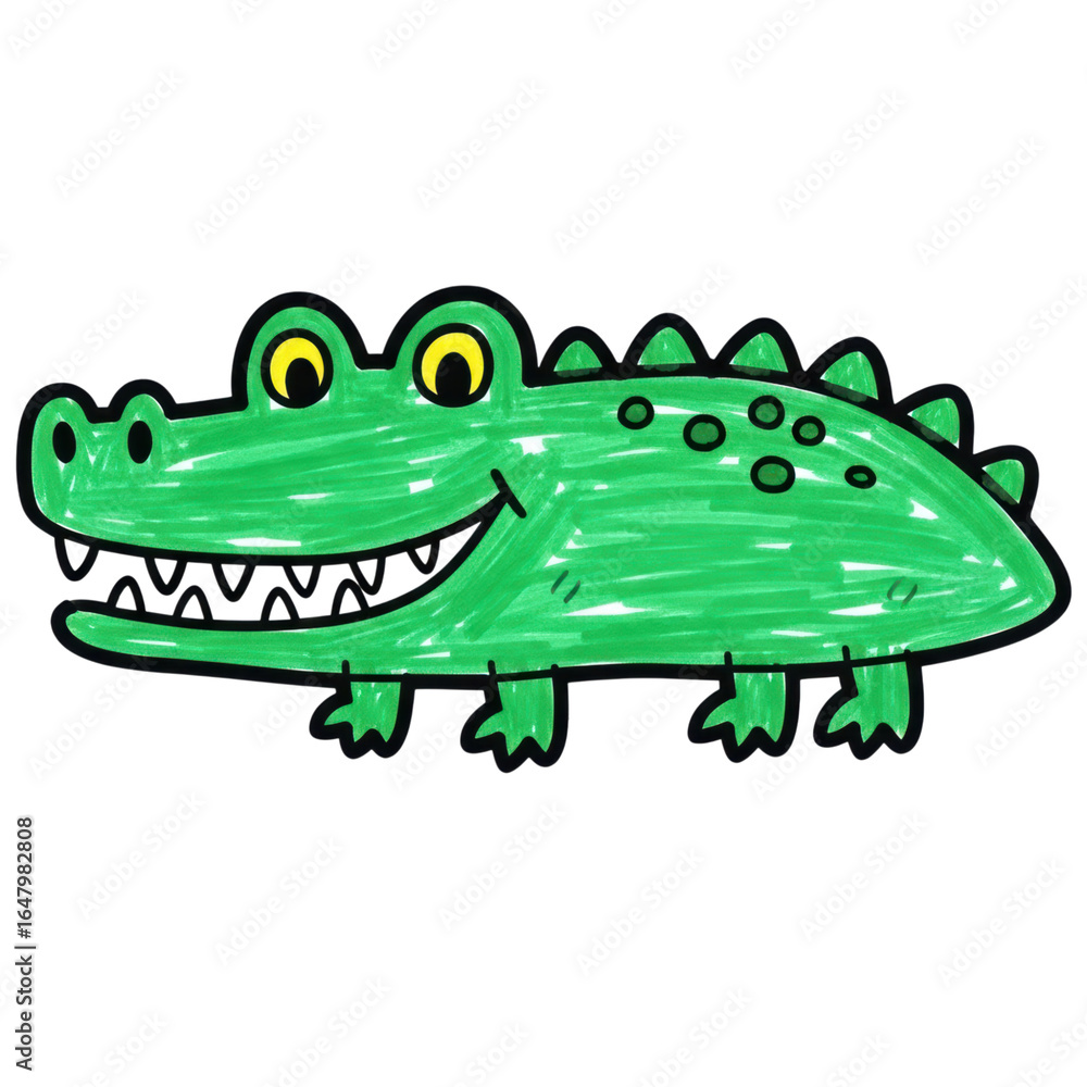 Obraz premium Colorful cartoon crocodile with green body and yellow eyes on transparent background