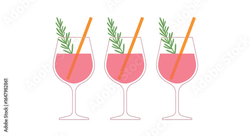 Pink cocktail drinks with straws and herbs illustration
