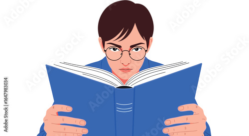 Man reading book student with glasses study and education