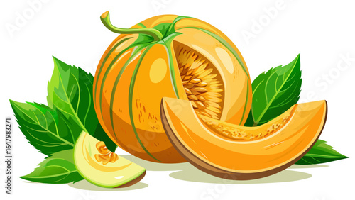 Fresh cantaloupe rests gracefully, its sliced piece revealing juicy orange flesh glistening in gentle light, accompanied by vibrant green leaves, all set against a pure white background with balanced 
