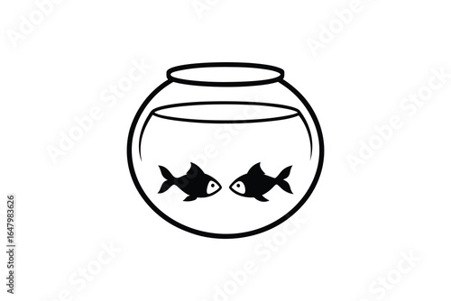 Simple illustration of two fish in a round fishbowl with water silhouette