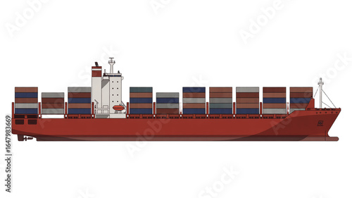 Side View Illustration of a Large Red Container Ship Loaded with Cargo ship freight ship isolated on a transparent background