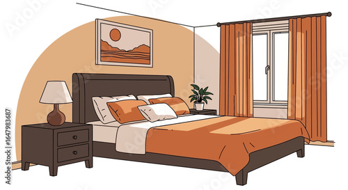 Cozy bedroom illustration showcasing furniture and decor in warm tones