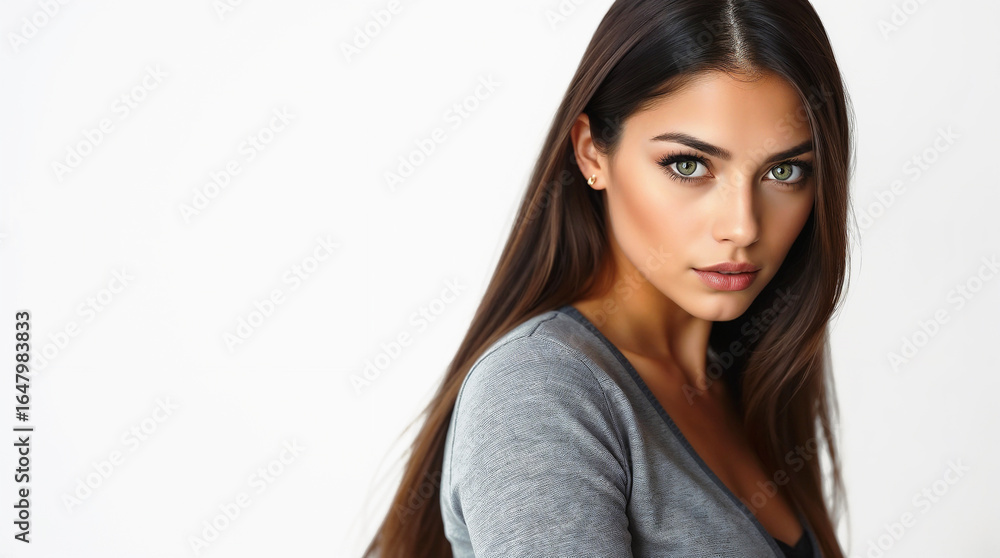 Naklejka premium Smiling young plus-size brunette model with beautiful eyes and makeup looking at the camera