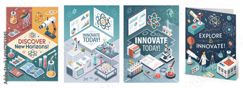 Colorful illustrations promoting science and innovation with various lab equipment and scientific themes.